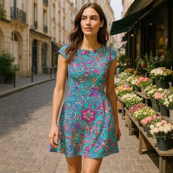 Lilly Pulitzer XS Cap Sleeve Fit Flare Dress Turquoise Pink Floral Print - Picture 1 of 9